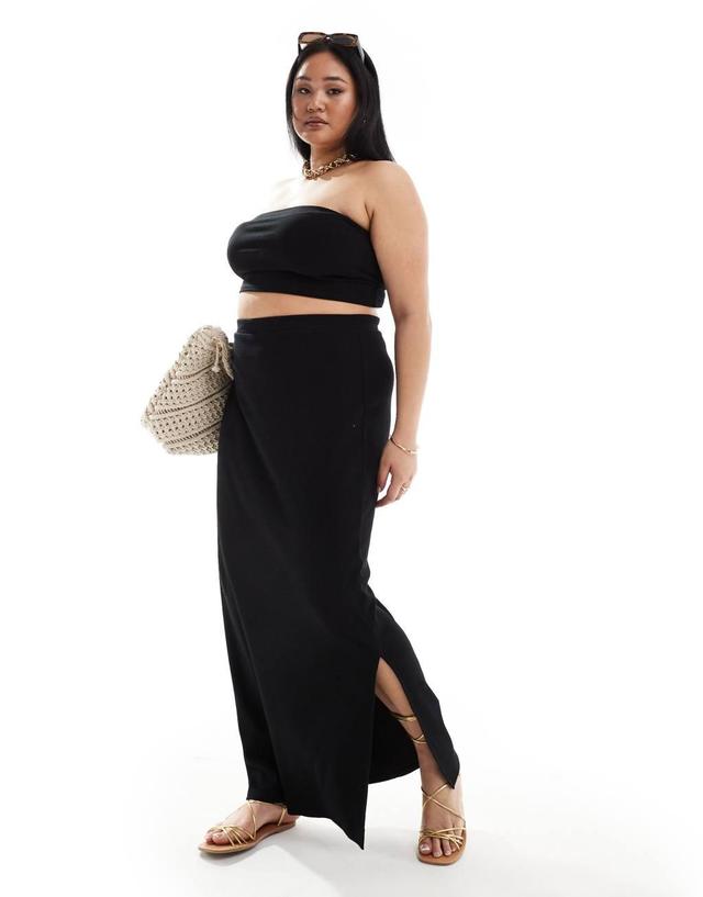 ASOS DESIGN Curve ribbed maxi skirt with side slit in black Product Image