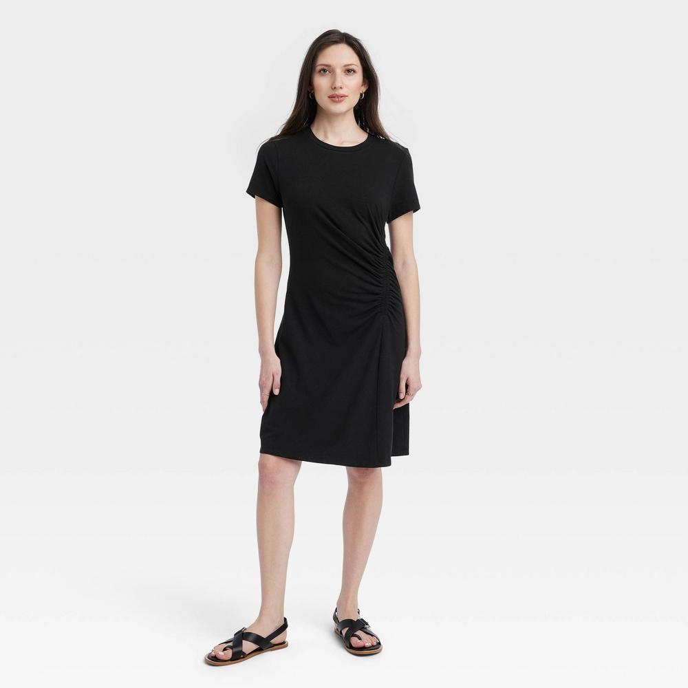 Womens Short Sleeve Ruched Knit Mini T-Shirt Dress - Universal Thread Black L Product Image