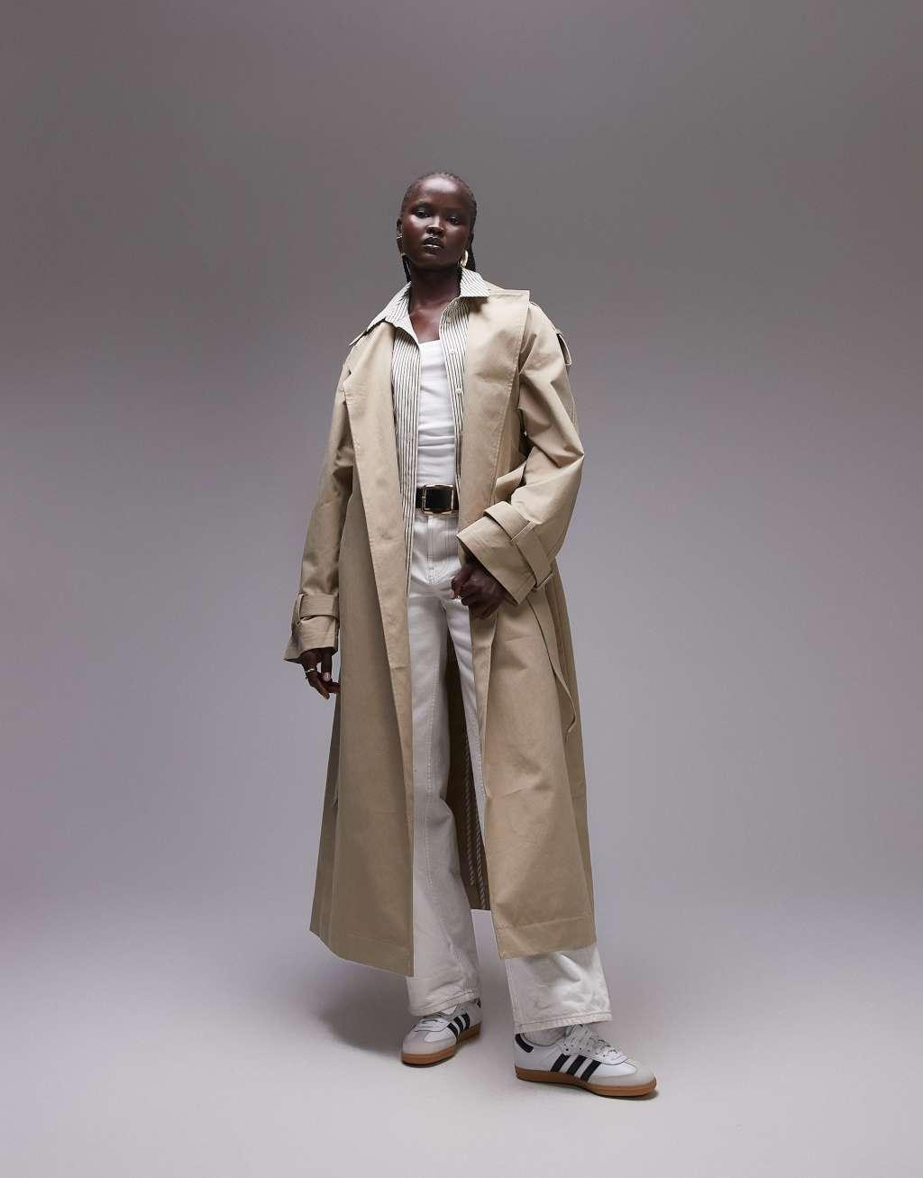 Topshop minimal trench coat in taupe Product Image