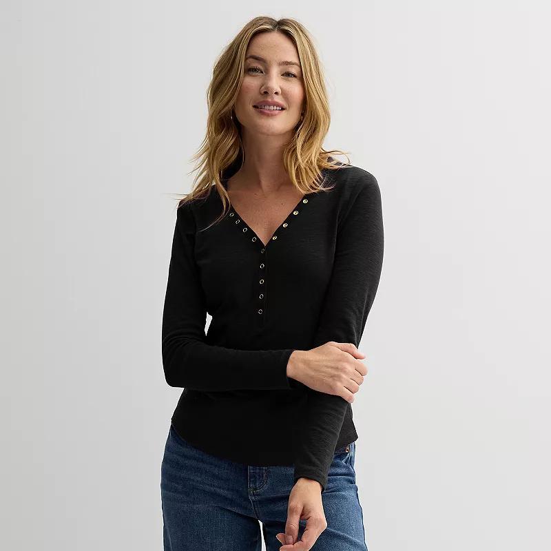 Womens Sonoma Goods For Life Snap V-Neck Henley Long Sleeve Top Product Image