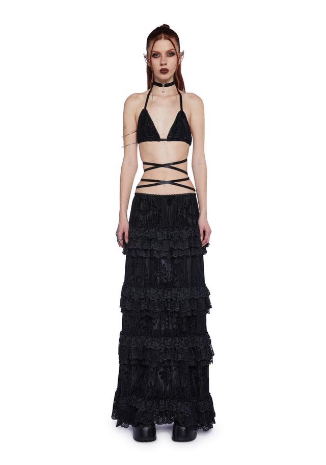 Widow Velvet Flocked Lace Triangle Bra Top And Maxi Tiered Skirt - Black Product Image