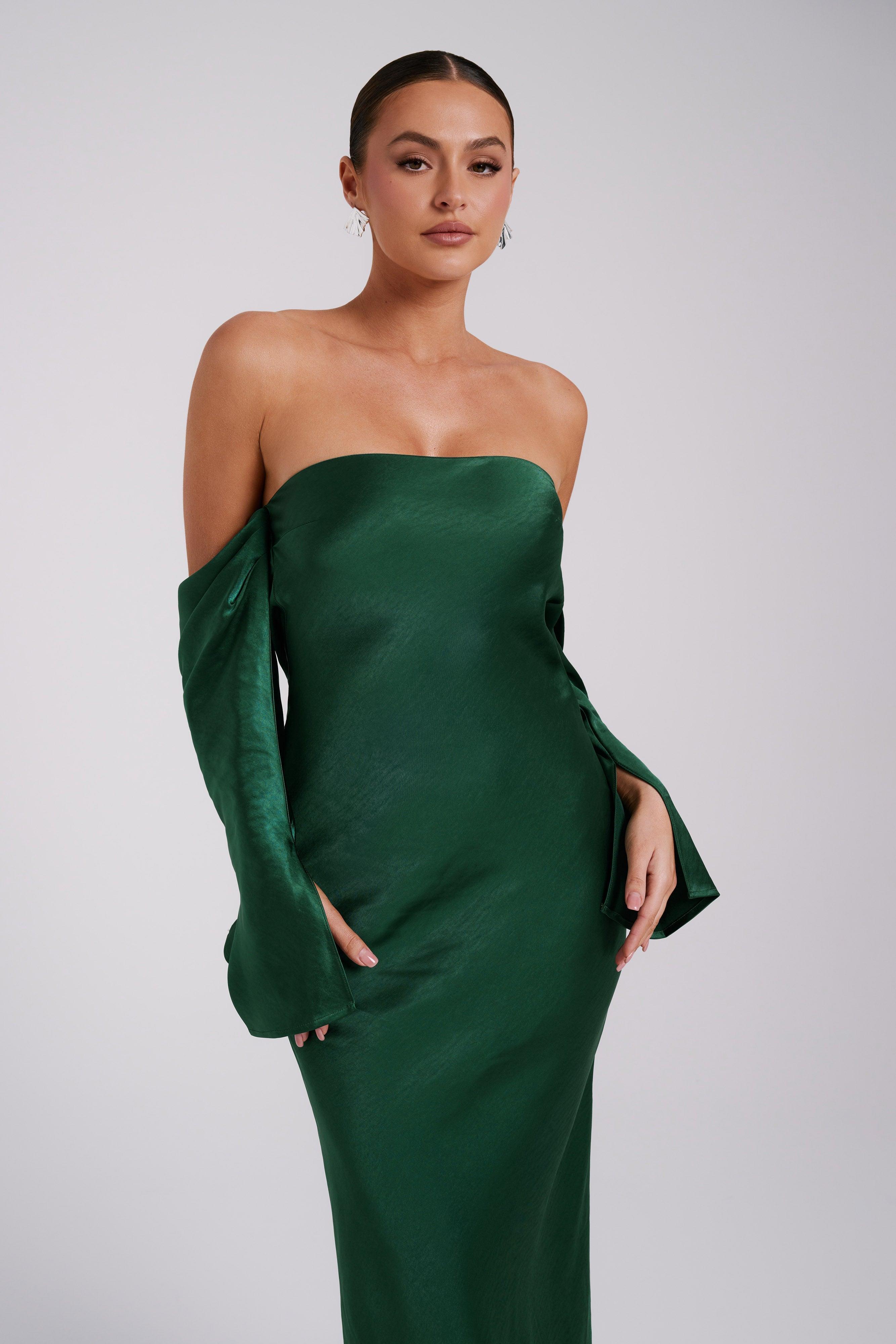 Vee Off Shoulder Satin Midi Dress - Emerald Product Image