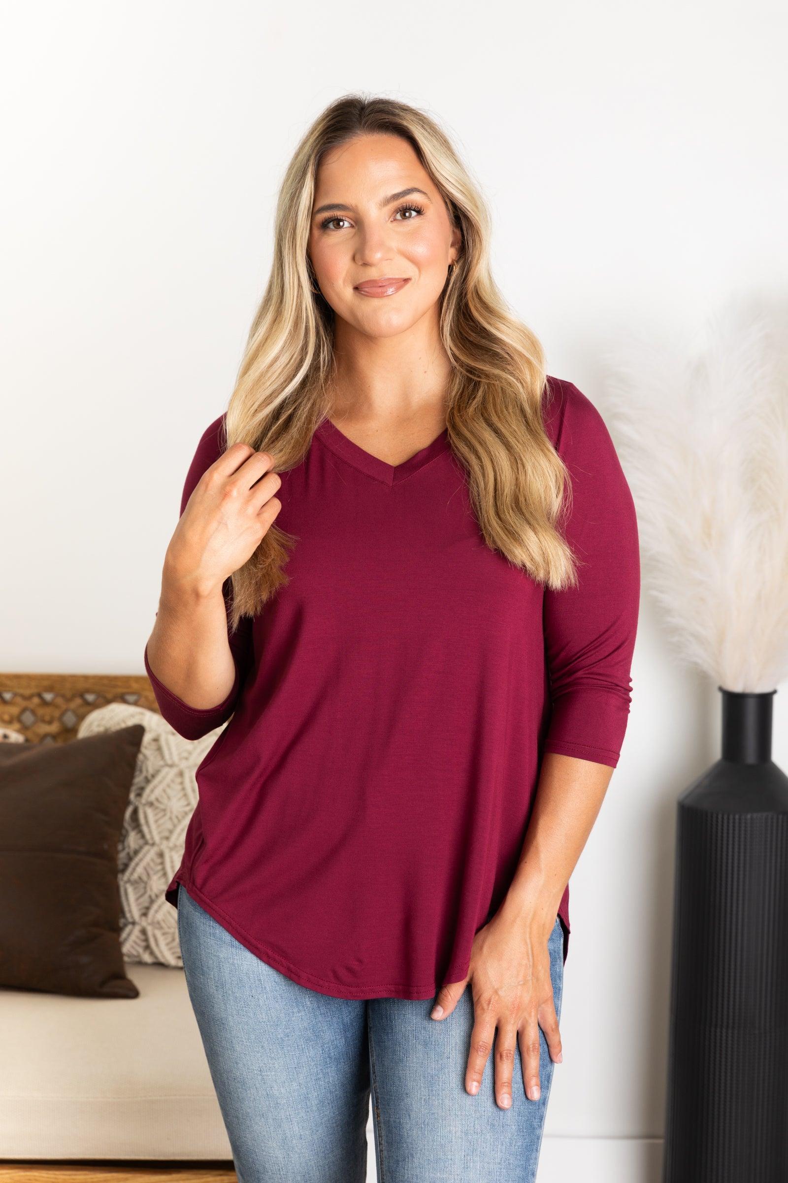 Solid 3/4 V-Neck Knit Top Product Image