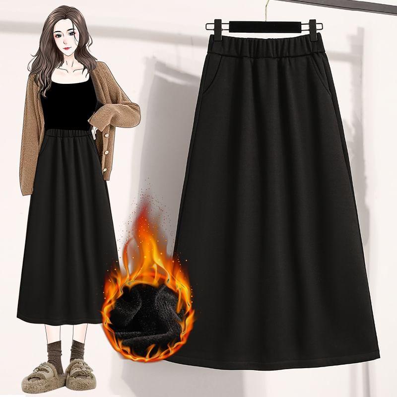 Elastic Waist Plain Fleece-Lined Midi A-Line Skirt Product Image