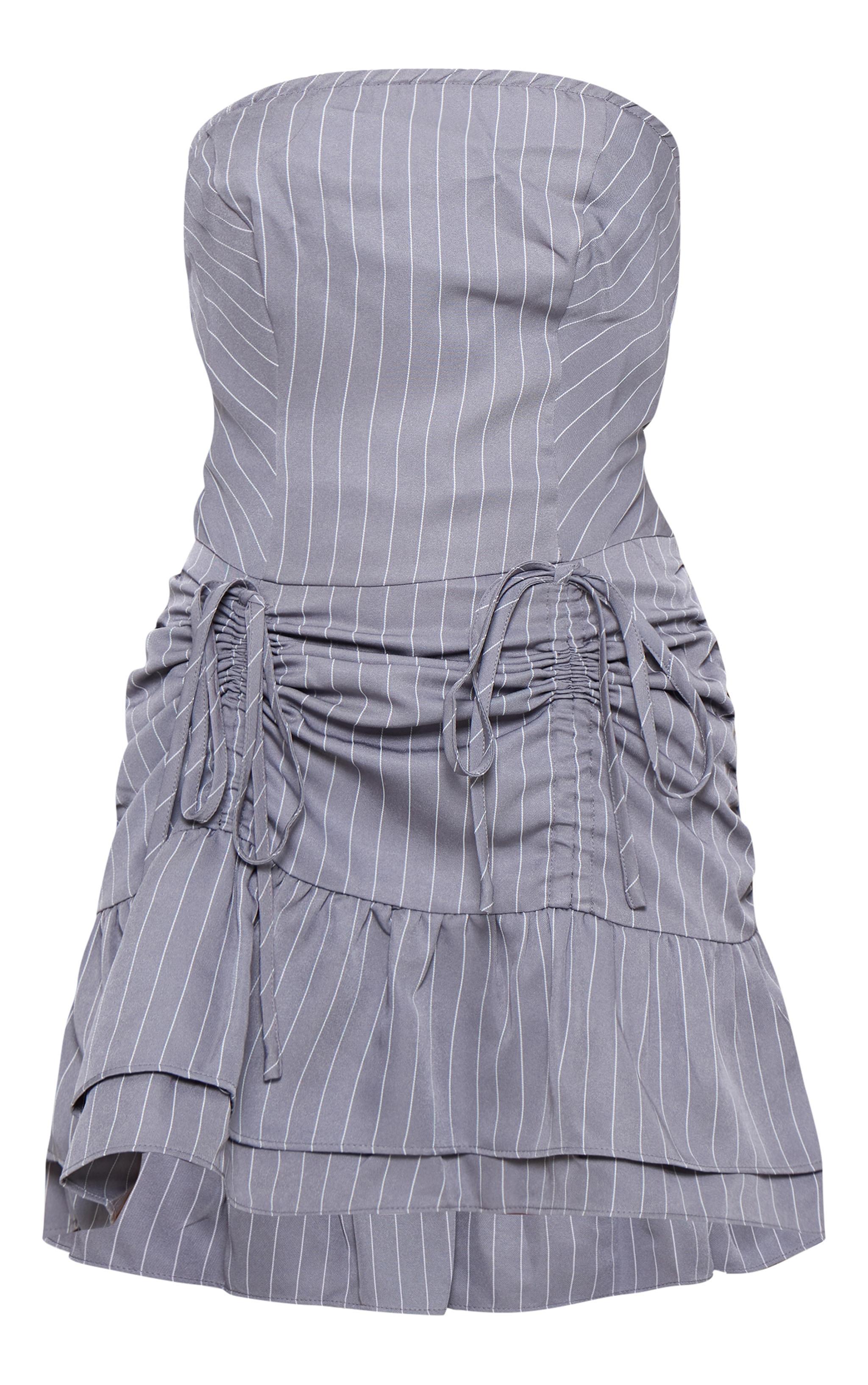 Grey Pinstripe Tailored Woven Ruched Tiered Shift Dress Product Image