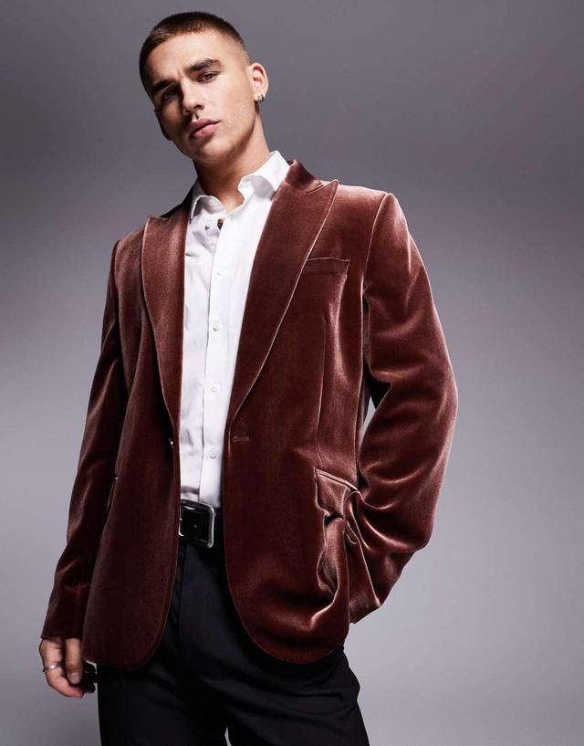  ASOS DESIGN slim fit velvet blazer in brown Product Image