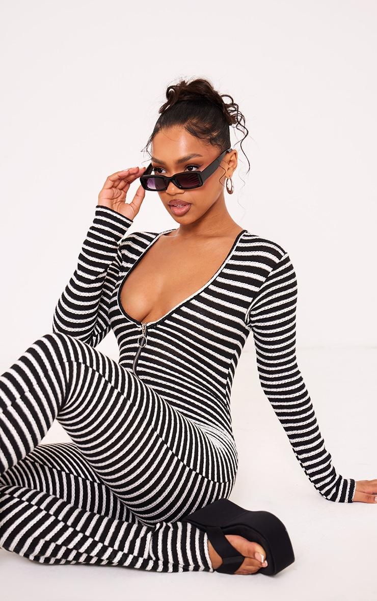 Monochrome Textured Stripe Plunge Wide Leg Jumpsuit Product Image