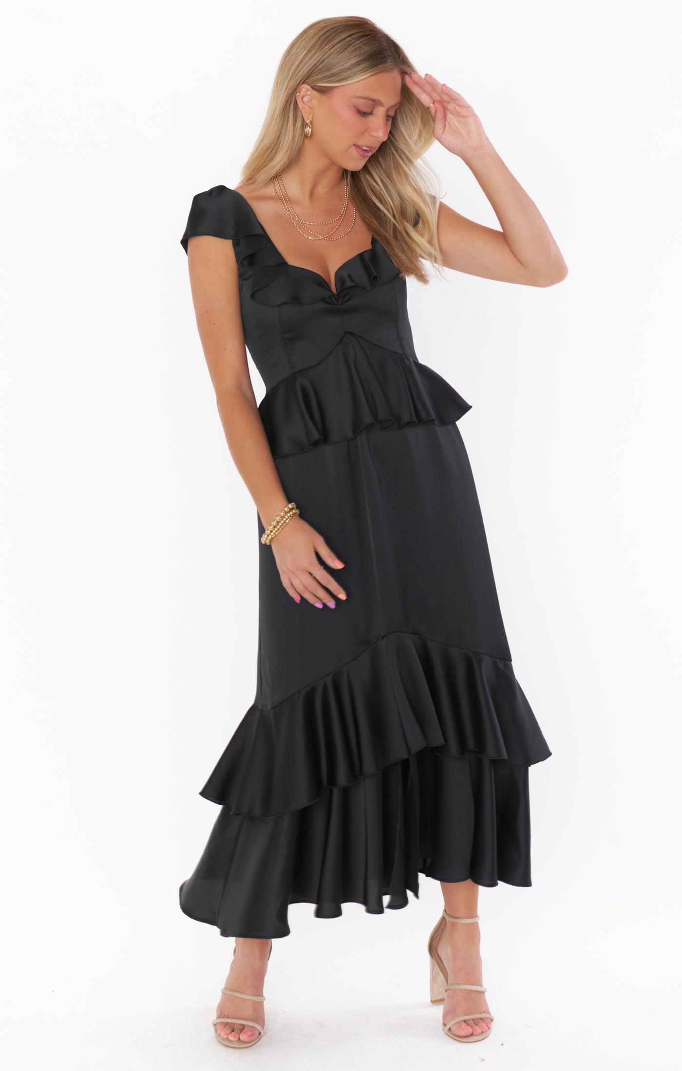 Reese Ruffle Dress ~ Black Luxe Satin Product Image