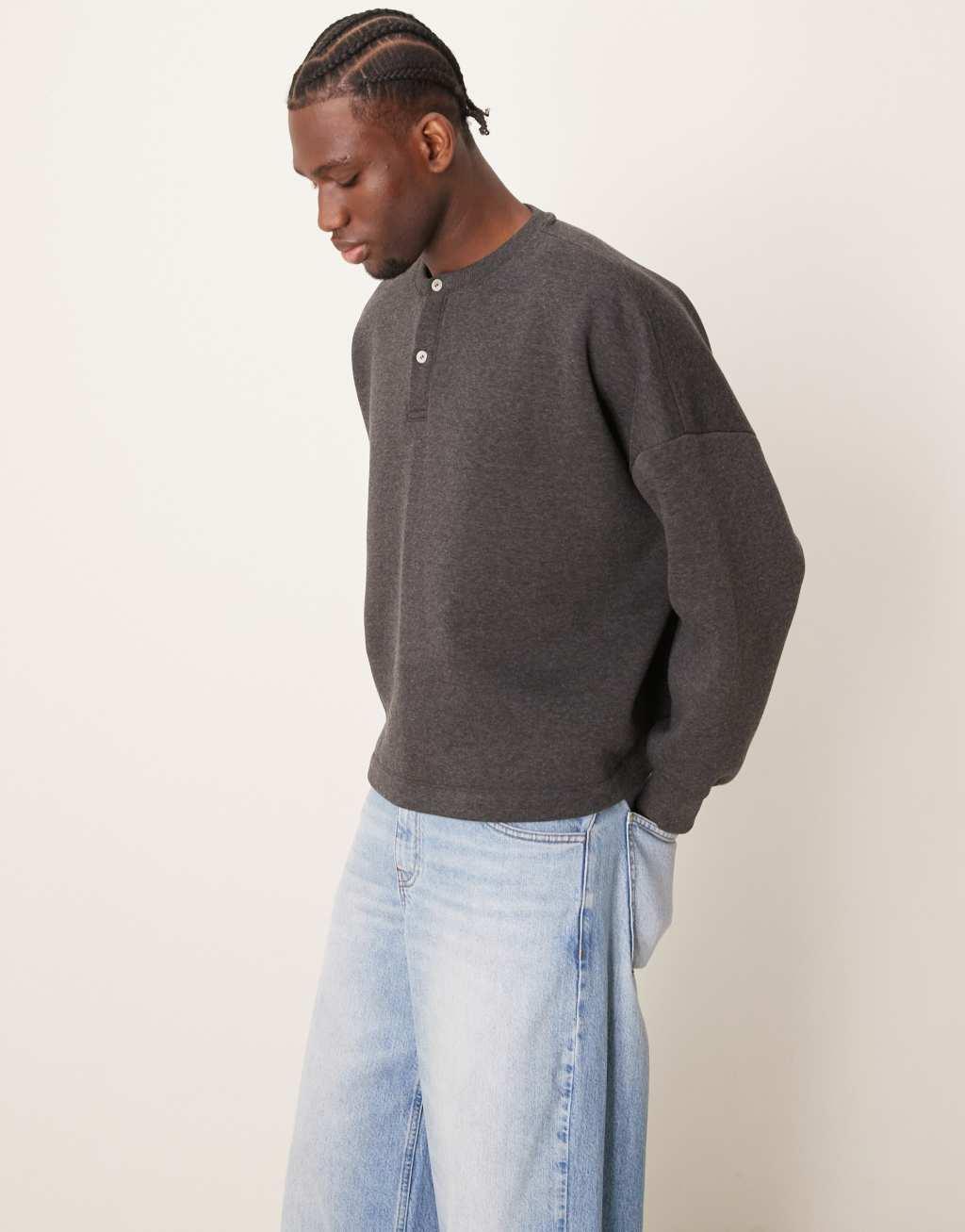 ASOS DESIGN super oversized boxy sweatshirt with henley neck in charcoal heather Product Image