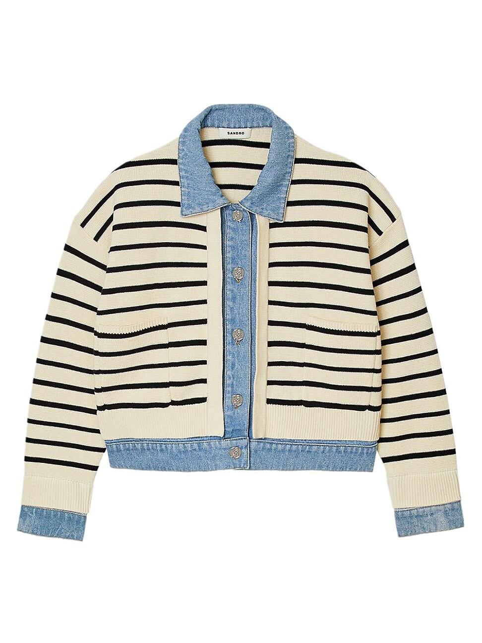 Womens Stripy Knit and Denim Coatigan Product Image