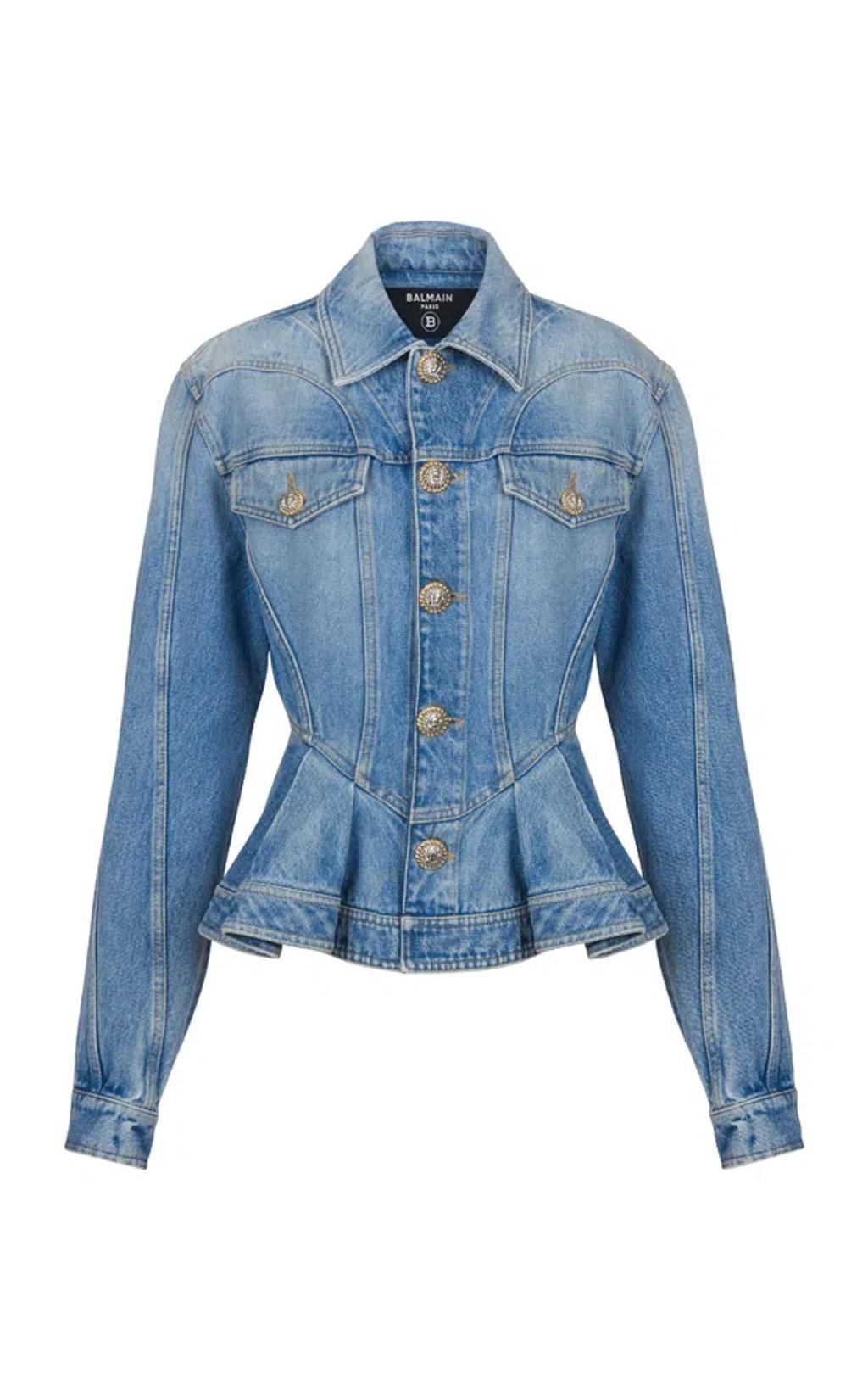 BALMAIN Puff-sleeve Denim Peplum Jacket In Blue product image