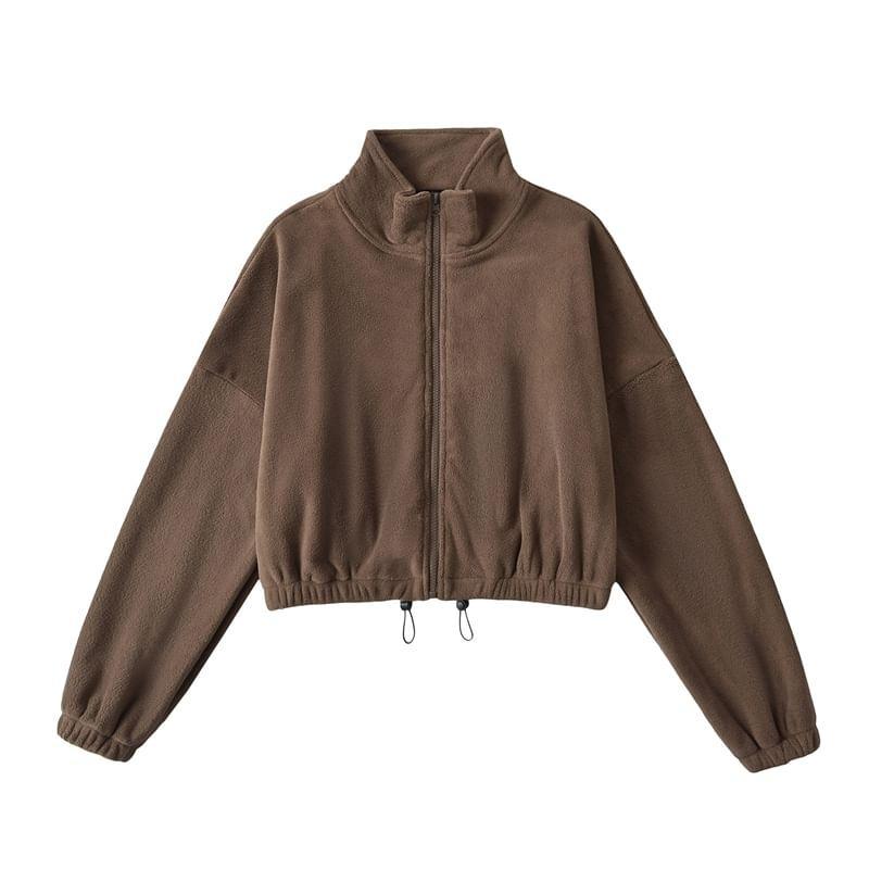 Stand Collar Plain Zip Up Fleece Jacket Product Image