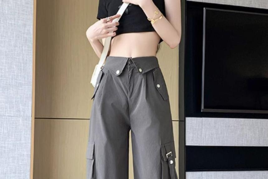 High Waist Plain Wide Leg Cargo Pants Product Image