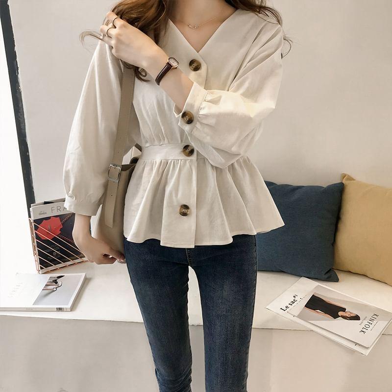 Long Sleeve V-Neck Button Up Shirt Product Image