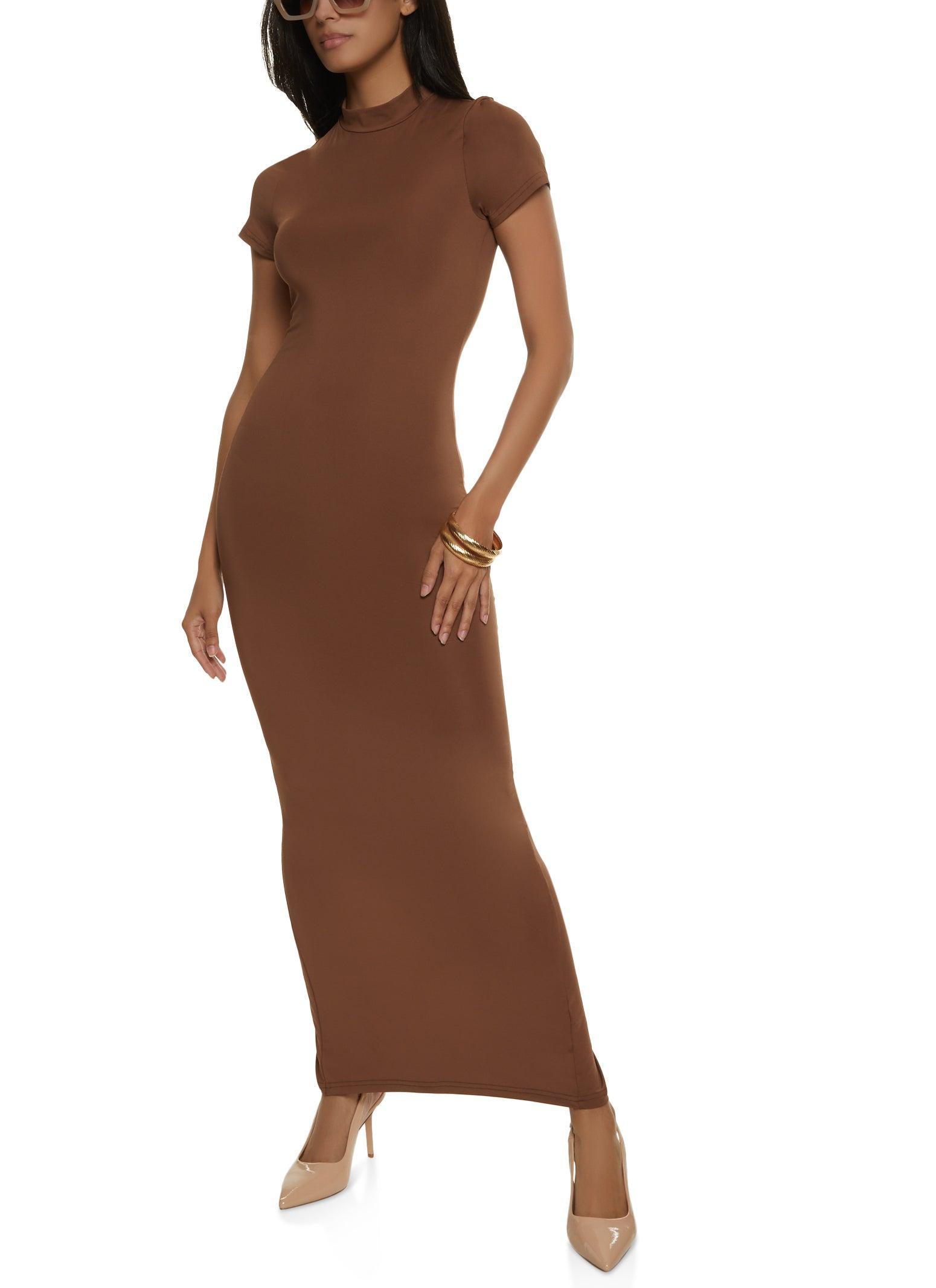 Womens Solid Short Sleeve Mock Neck Maxi Dress Product Image