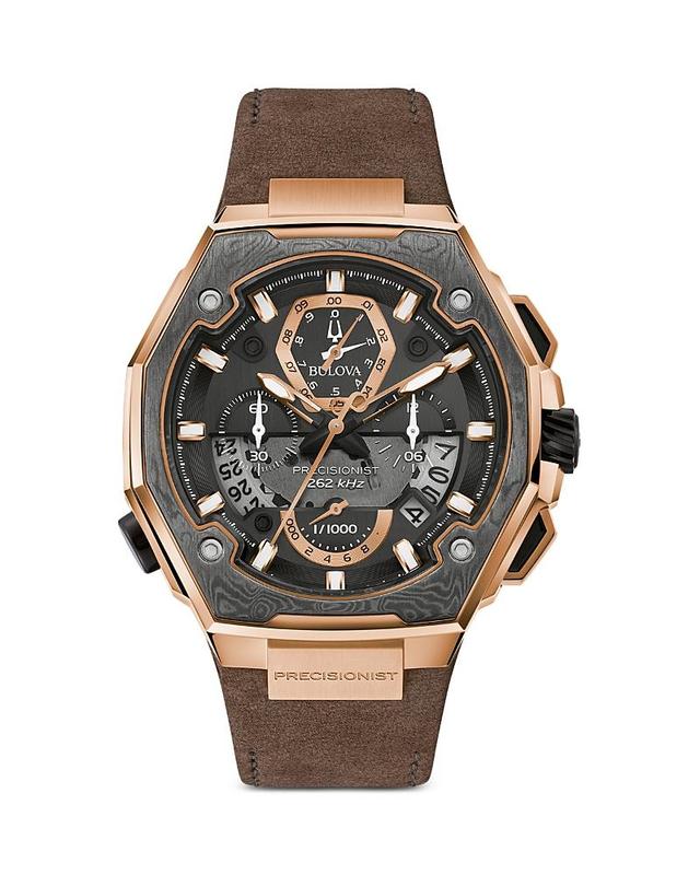 Men's Bulova Precisionist X Rose-Tone Chronograph Brown Leather Strap Watch with Black Dial (Model: 98B356) Product Image