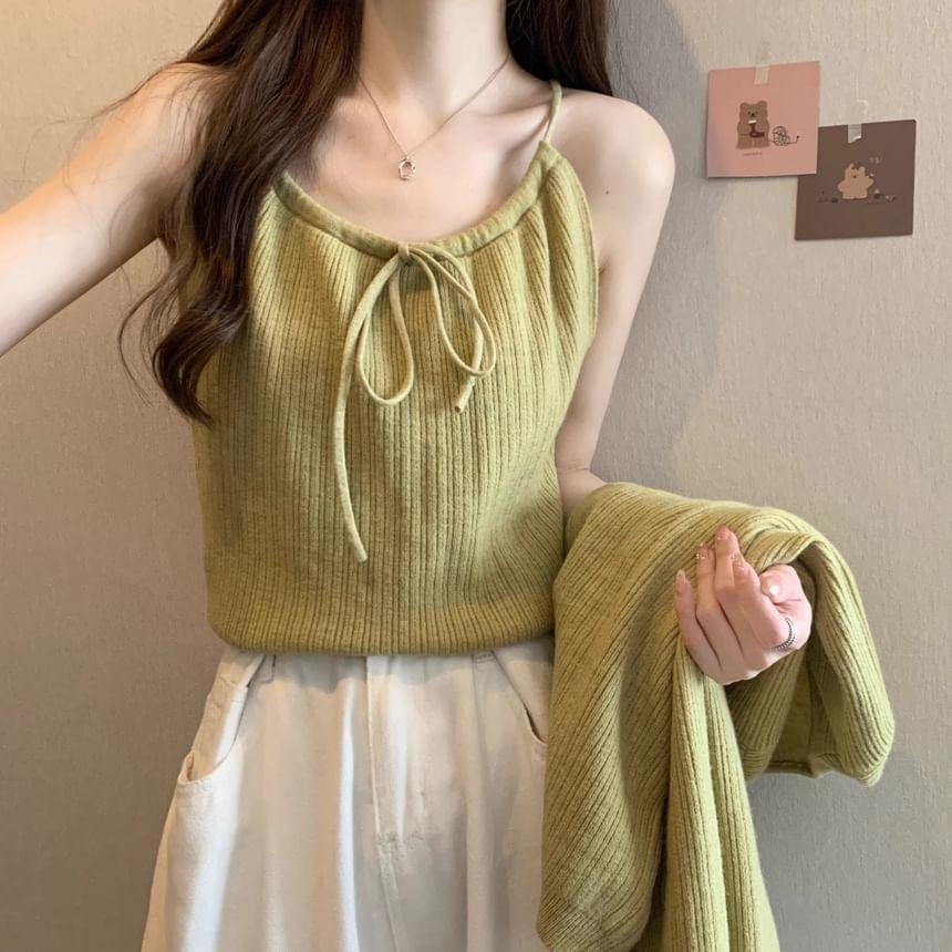 Set: Plain Bow Cami Top + Cardigan Product Image