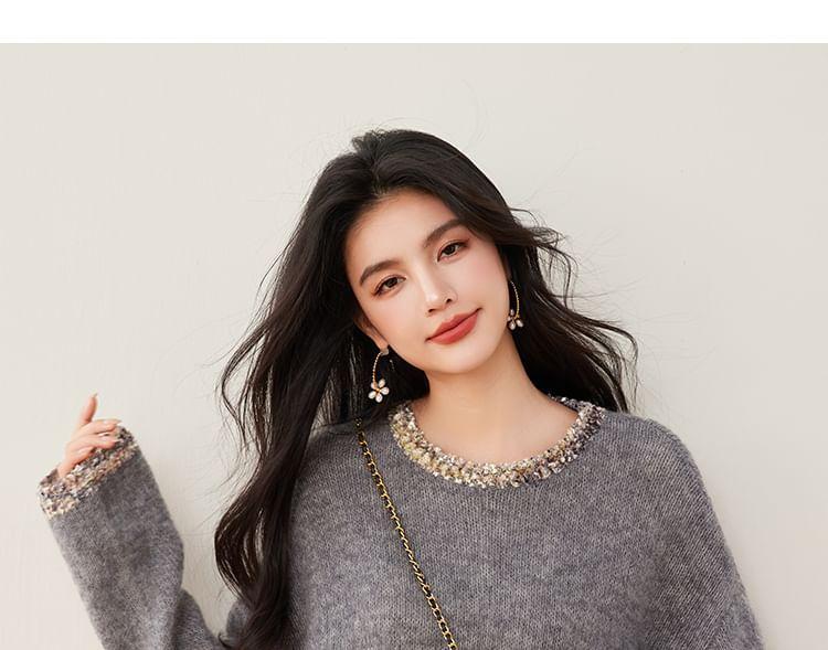 Round Neck Melange Contrast Trim Sweater Product Image