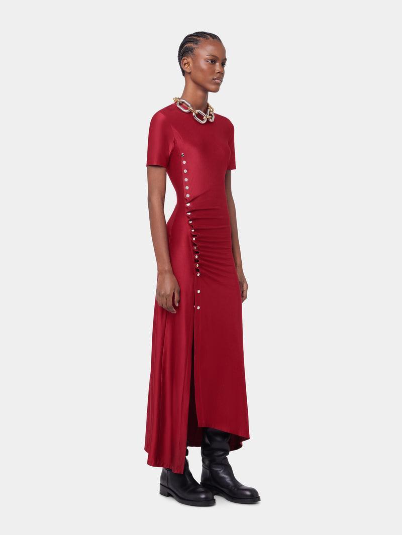 RED LONG DRAPED DRESS IN JERSEY Product Image