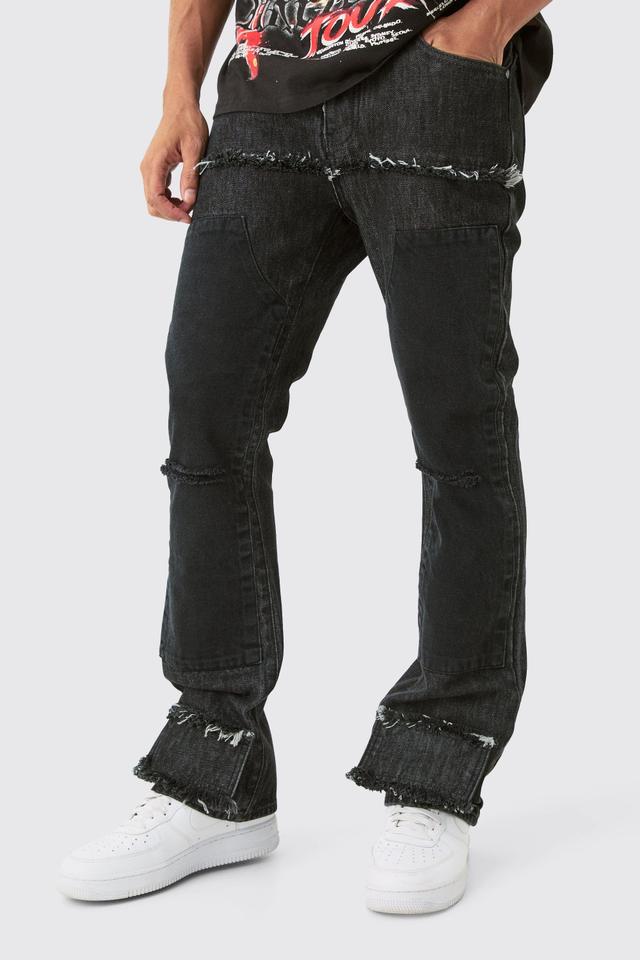 Slim Rigid Flare Ripped Carpenter Overdye Denim Jean In Black | boohooMAN USA Product Image