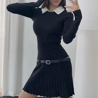 Long Sleeve Collared Two Tone Pleated Hem Mini Bodycon Dress Product Image