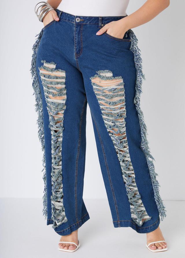 Plus Size Fringed Distressed Wide Leg Jeans Ashley Stewart Product Image