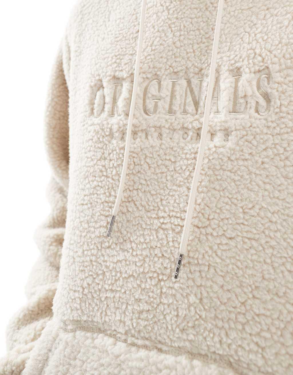 Jack & Jones oversized teddy hoodie with embroidered logo in beige Product Image