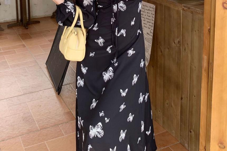 Puff-Sleeve V-Neck Butterfly Print Midi A-Line Dress Product Image