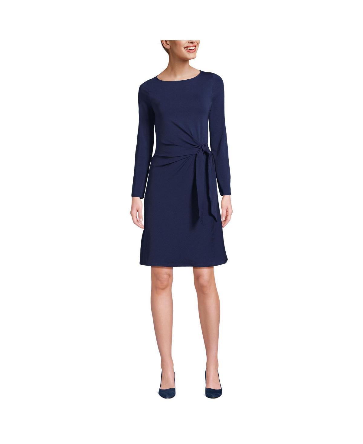 Womens Lands End Long Sleeve Boatneck Tie-Waist Mini Dress Deep Blue Wildflower Product Image