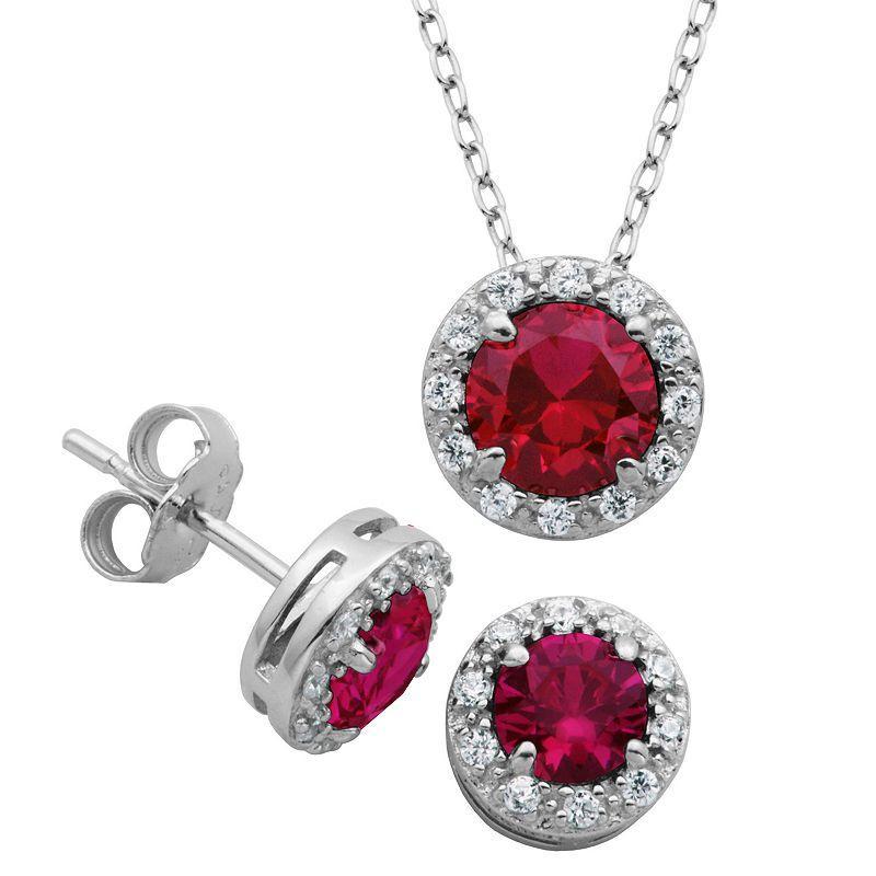 Sterling Silver Lab-Created Ruby & Cubic Zirconia Halo Pendant & Stud Earrings Set, Womens, Red Product Image