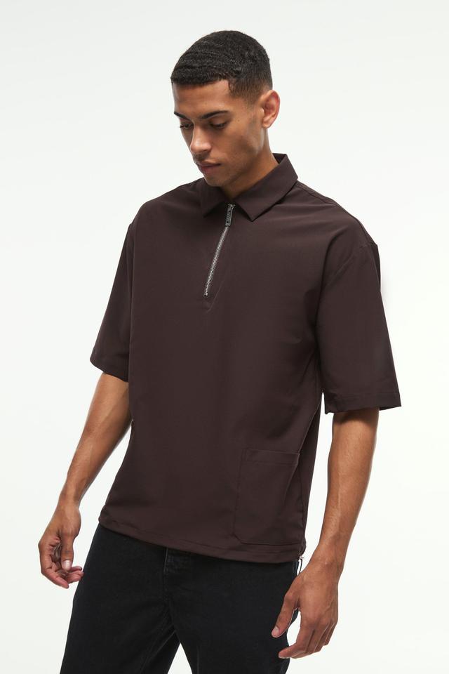 Mens Brown Oversized 1/4 Zip Bungee Hem Shirt, Brown Product Image