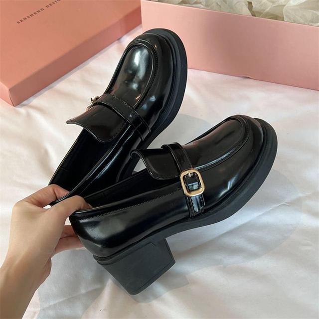 Chunky Heel Plain Buckled Faux Leather Loafers Product Image