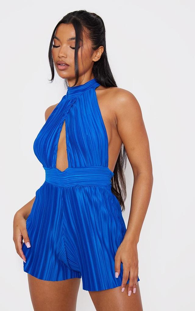 Bright Blue Plisse High Neck Open Back Romper Product Image