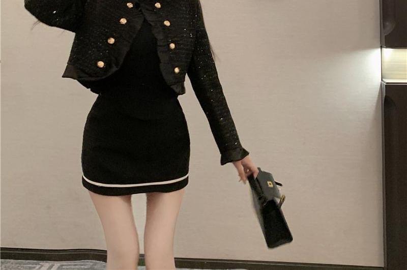 V-Neck Ruffle Trim Tweed Crop Button Jacket Product Image