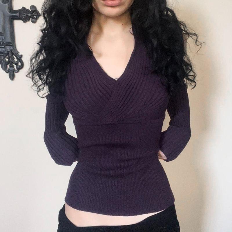 Long Sleeve V-Neck Plain Ribbed-Knit Slim-Fit Top product image