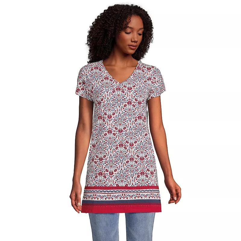 Womens Lands End Jersey Extra Long V-Neck Tunic, Womens Brown Floral Border Product Image