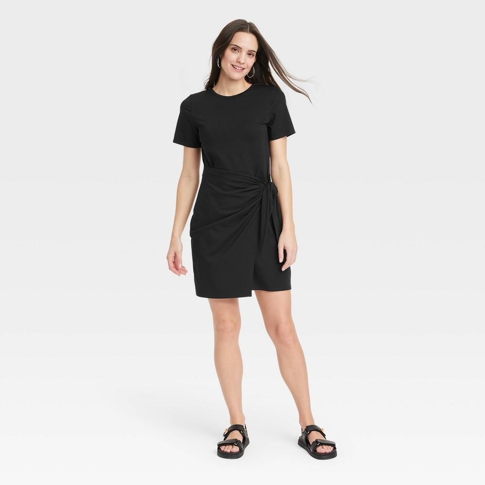 Womens Short Sleeve Mini T-Shirt Wrap Dress - A New Day Black XL Product Image