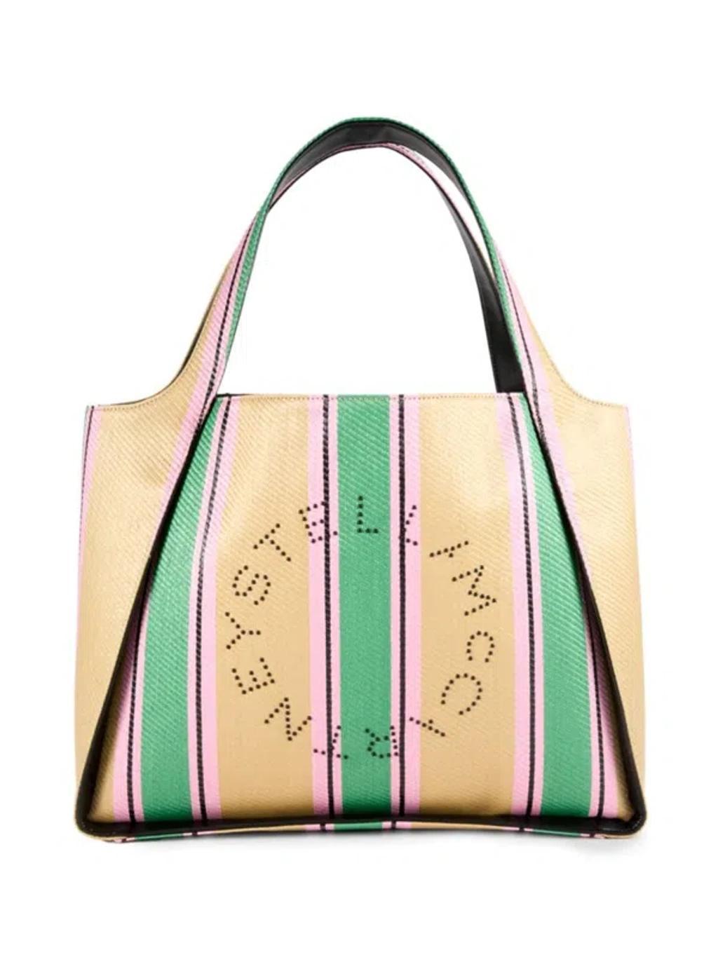 Striped Logo Embellished Tote Bag In Green Multi Product Image