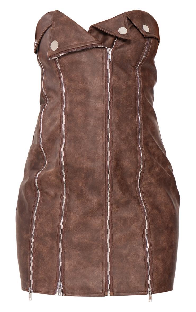 Brown Faux Leather Zip Detail Mini Dress Product Image