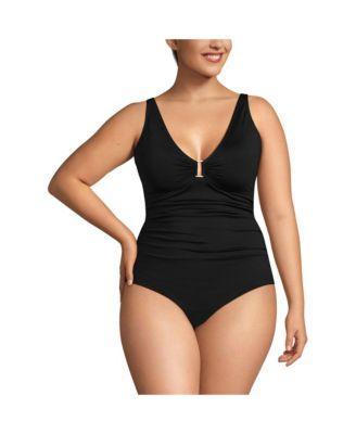 Plus Size Chlorine Resistant Shirred V-neck One Piece Swimsuit Product Image