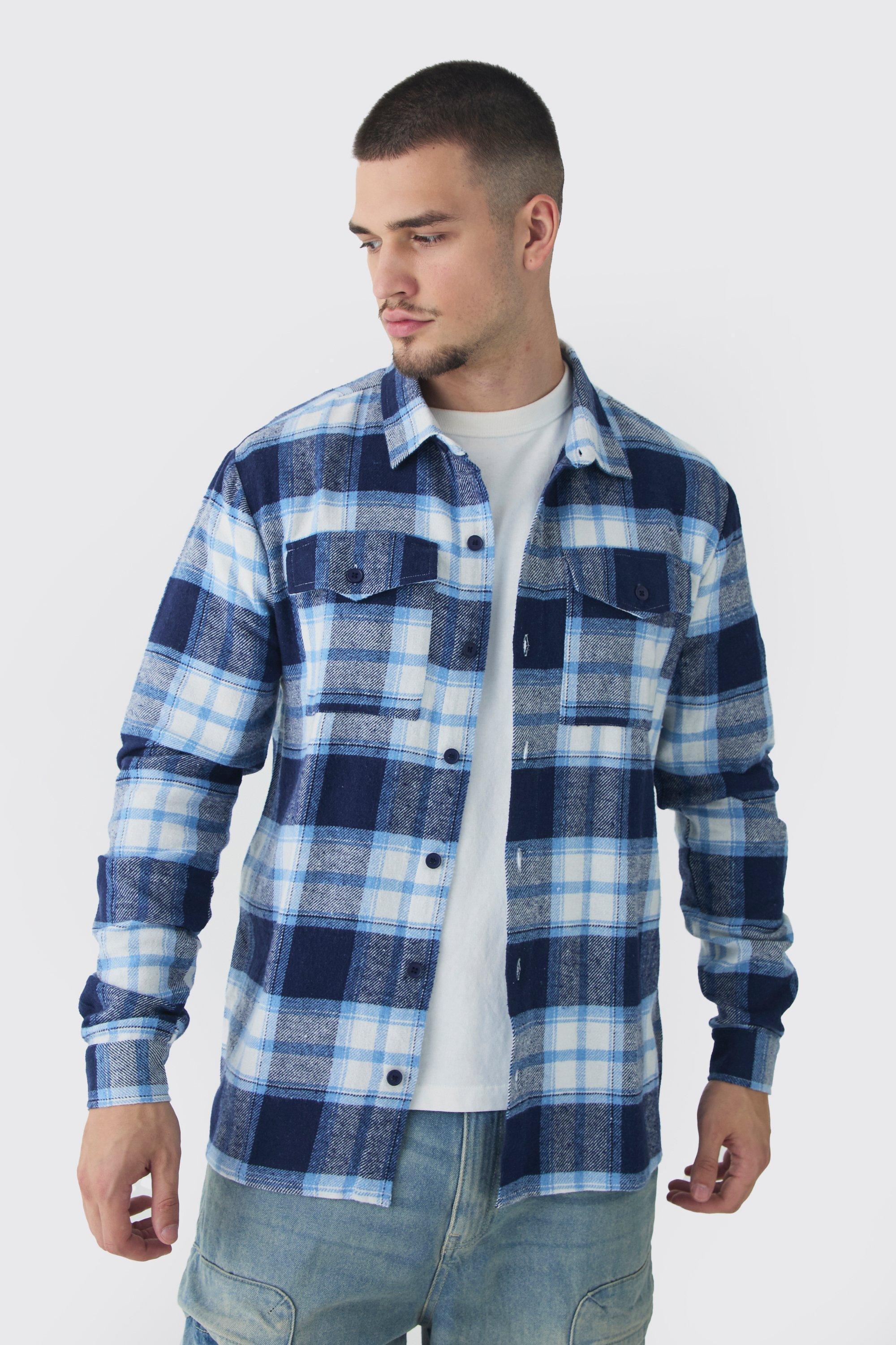 Tall Regular Fit Blue Large Scale Brushed Plaid Shirt | boohooMAN USA Product Image