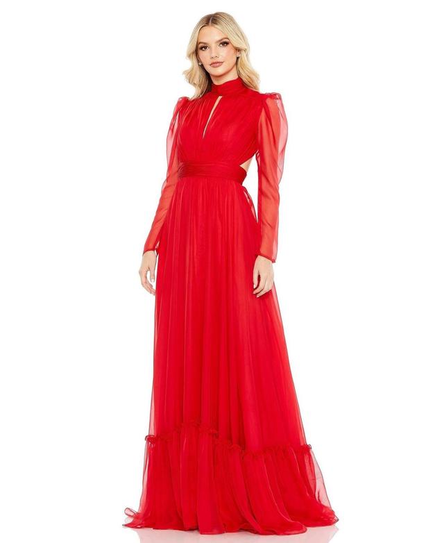 Women's Chiffon High Neck Keyhole Puff Sleeve Lace Up Gown Product Image