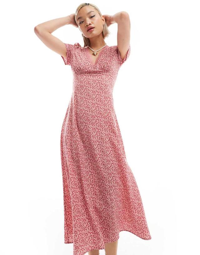 Glamorous v neck lace trim midi tea dress in pink micro floral Product Image