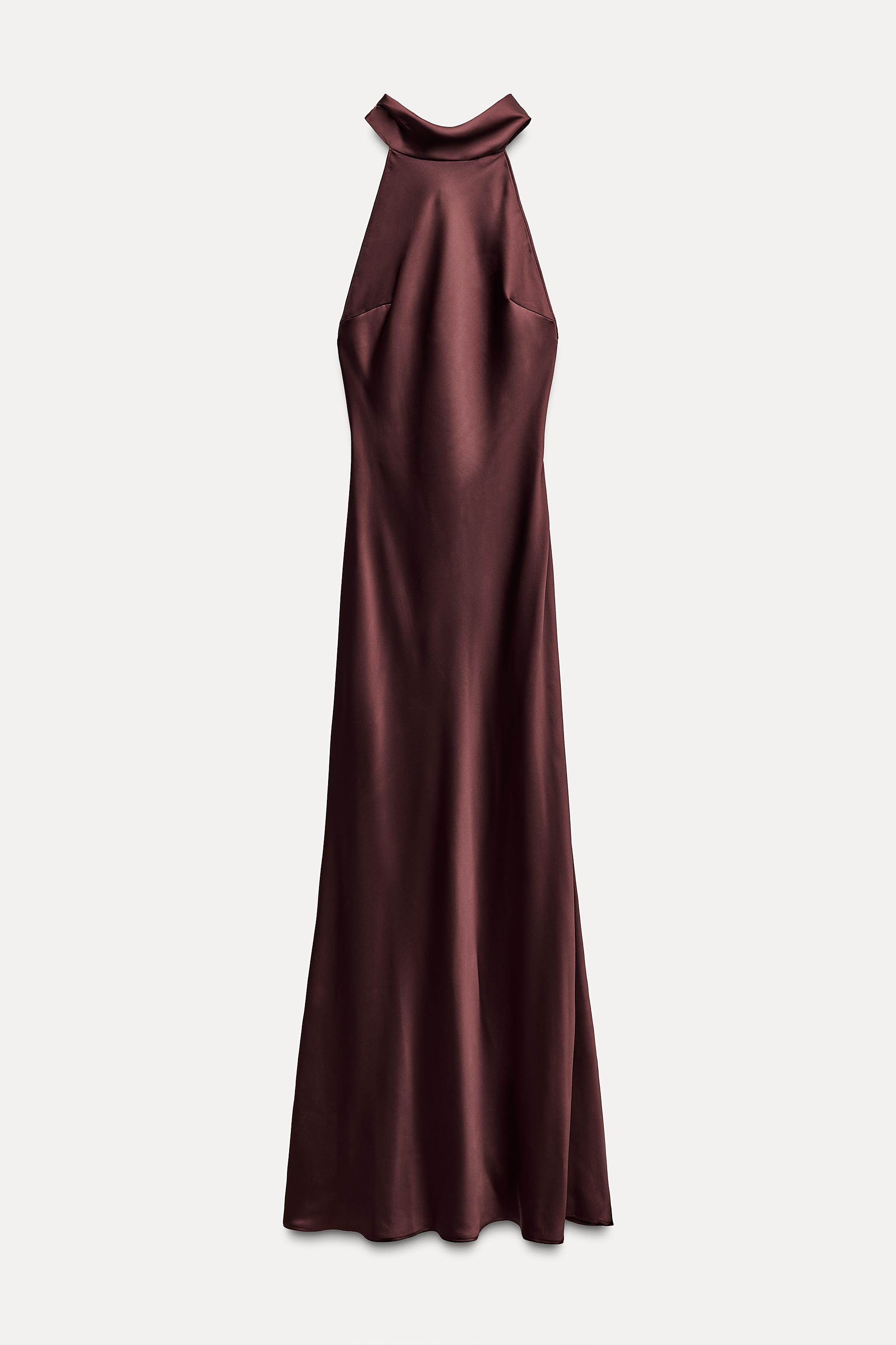 SATIN EFFECT HALTER NECK LONG DRESS Product Image