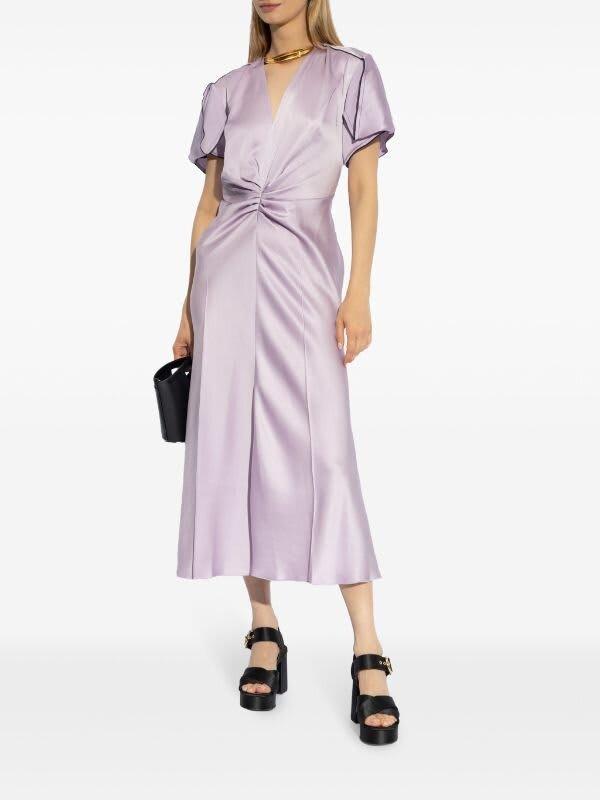 Gathered Satin Midi Dress In Purple Product Image