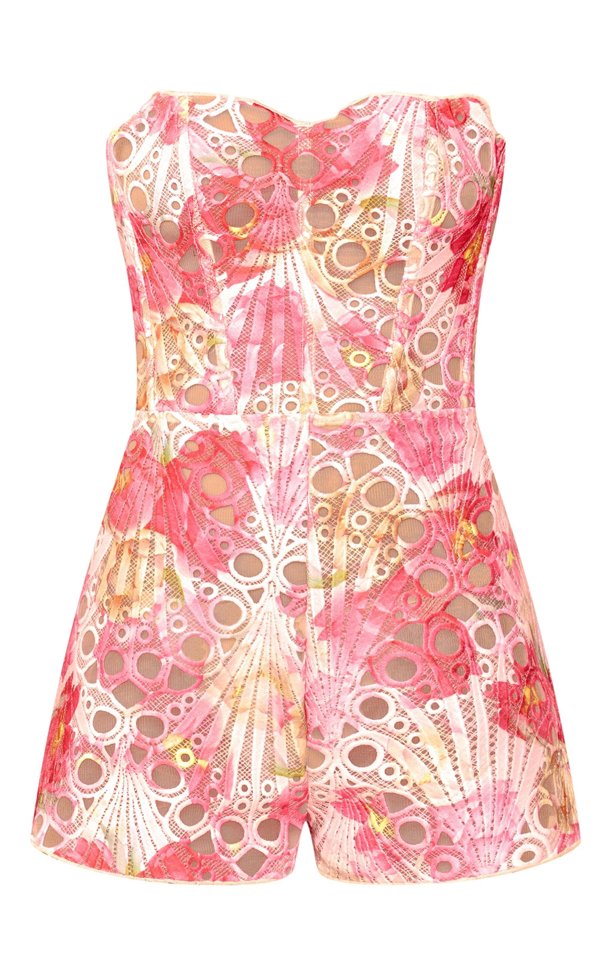 Pink Textured Sheer Floral Corset Romper Product Image