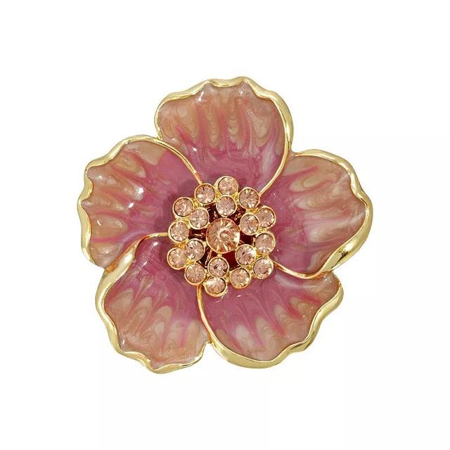 1928 Gold Tone Marbled Coral Enamel Crystal Centered Flower Pin, Womens, Pink Product Image