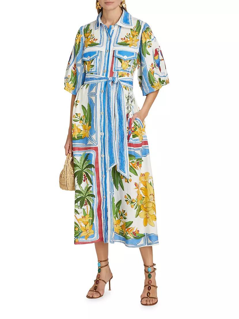 Tropical Destination Linen-Blend Belted Midi-Dress Product Image