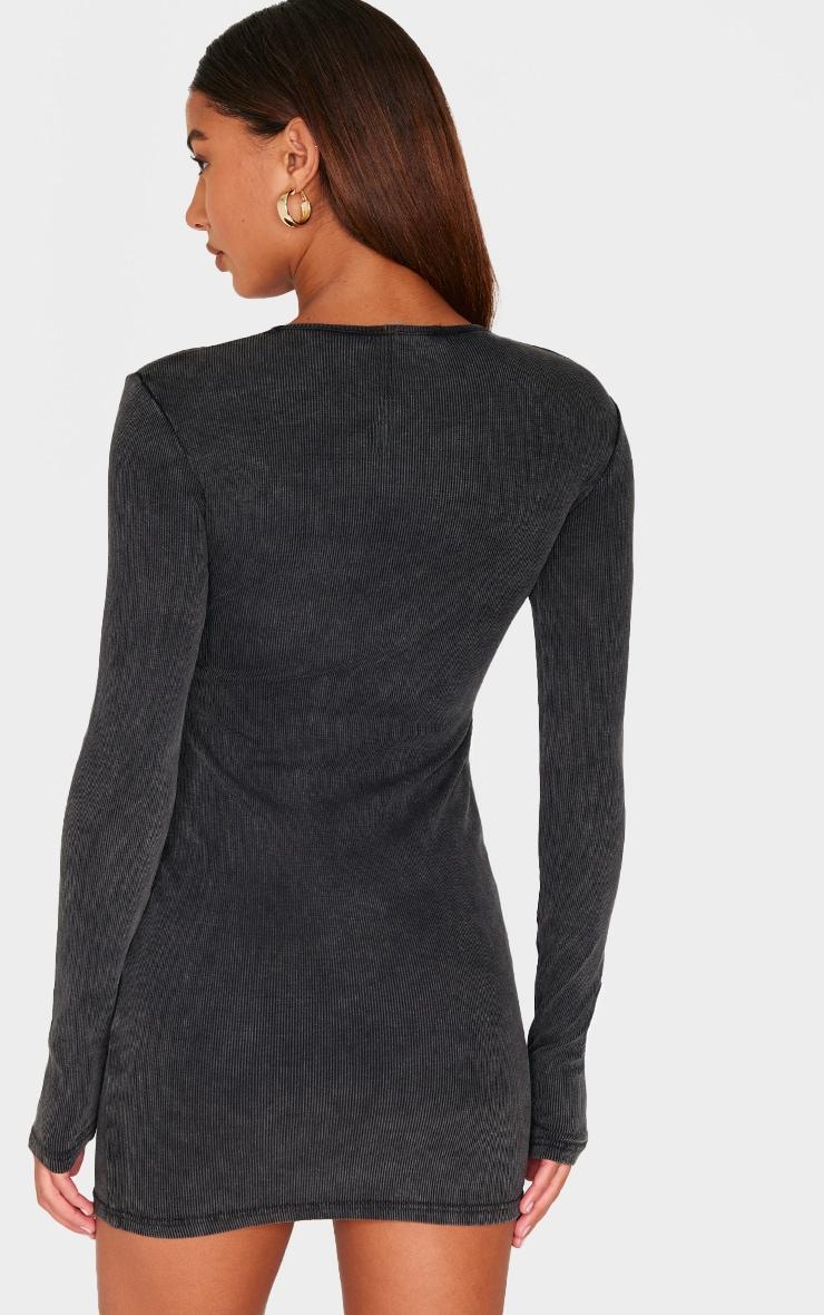 Dark Grey Acid Wash Cut Out Long Sleeve Bodycon Dress Product Image