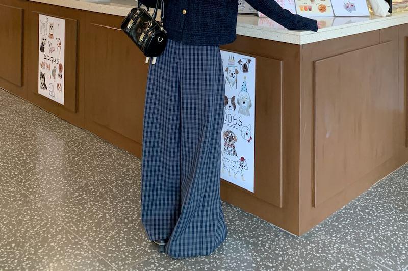 Button-Up Plain Crop Jacket / High Waist Plaid Wide Leg Pants Product Image